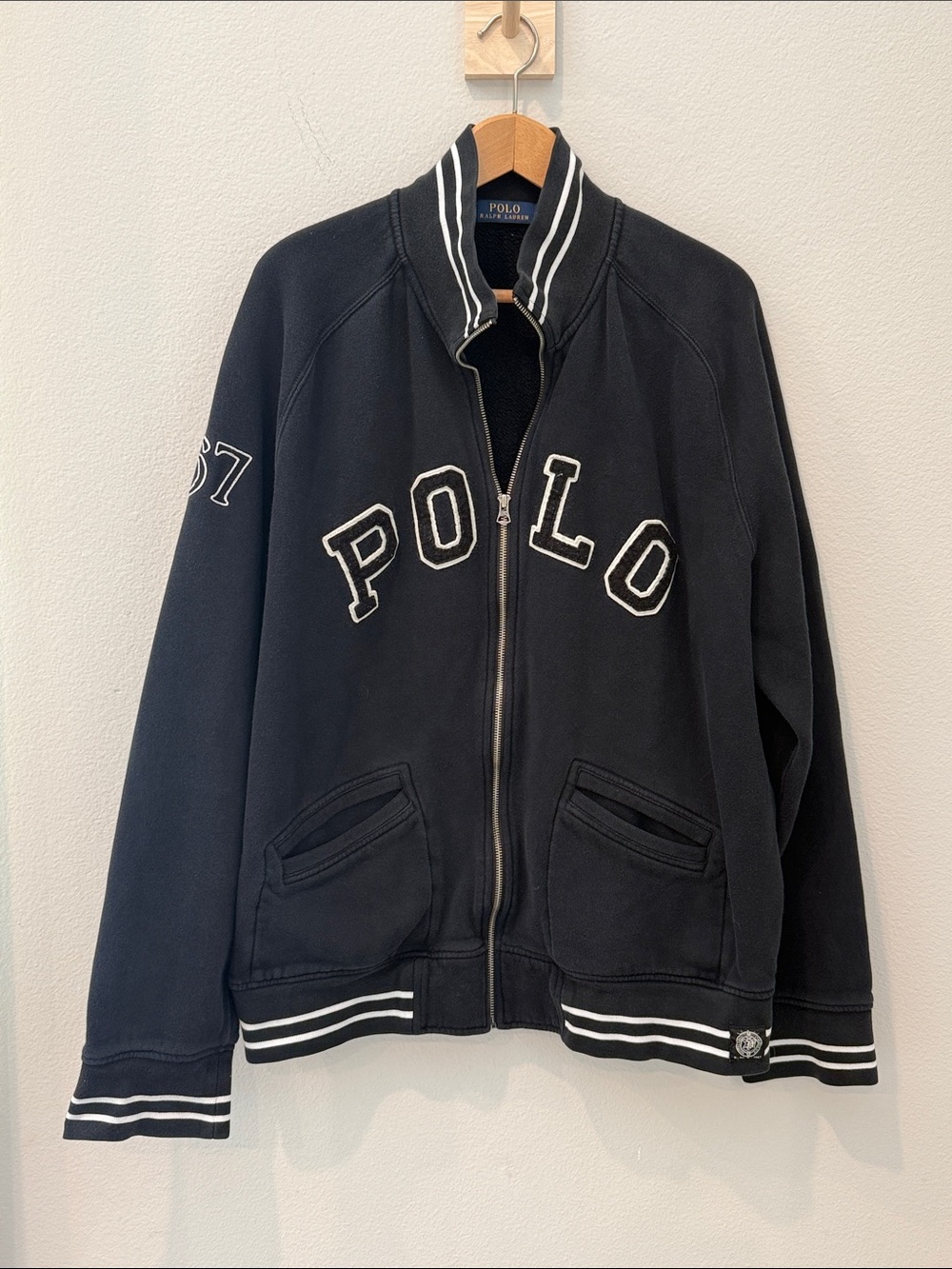 VTG Polo by‎ Ralph Lauren Black Varsity Letterman Zip Jacket Size XXL